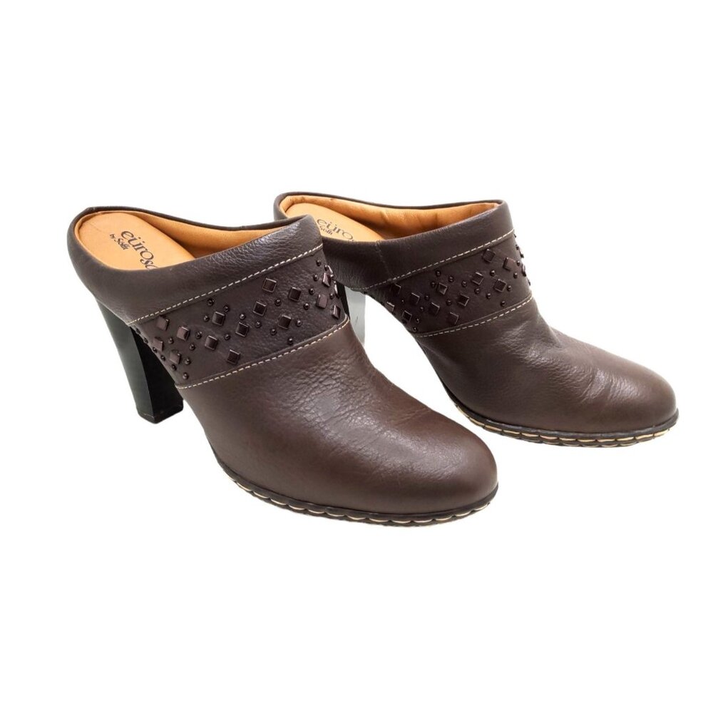 Eurosoft by Sofft Women's Brown Studded Leather Mules / Clogs, 3.5" Heel